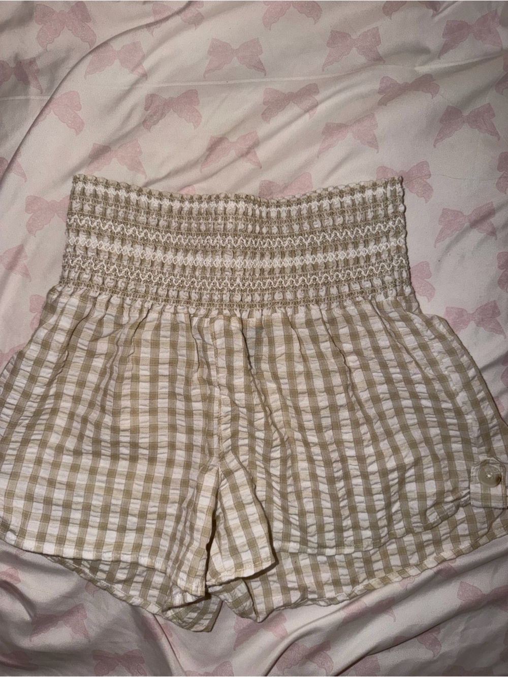 Rewash Beige and White Gingham Smocked Waist Shorts